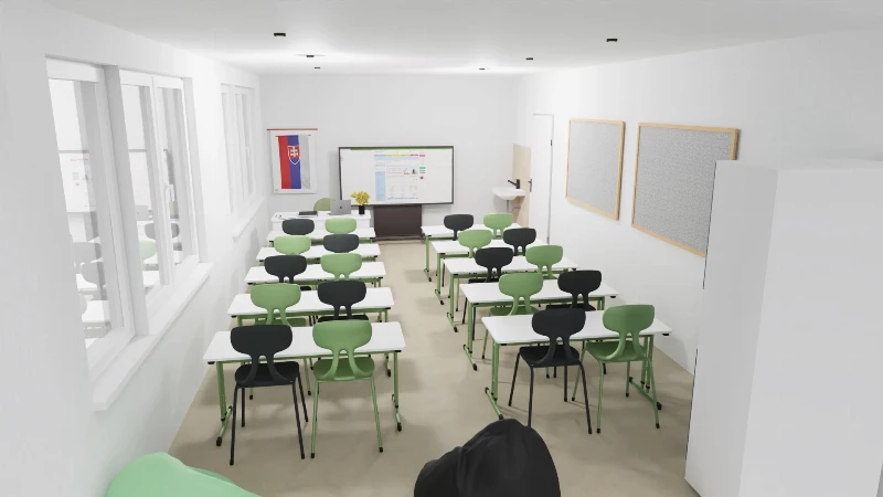 Moderná školská trieda so stoličkami Colores a skriňami Grande